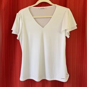 Calvin Klein White V-Neck Flutter Sleeve Top - Size Small